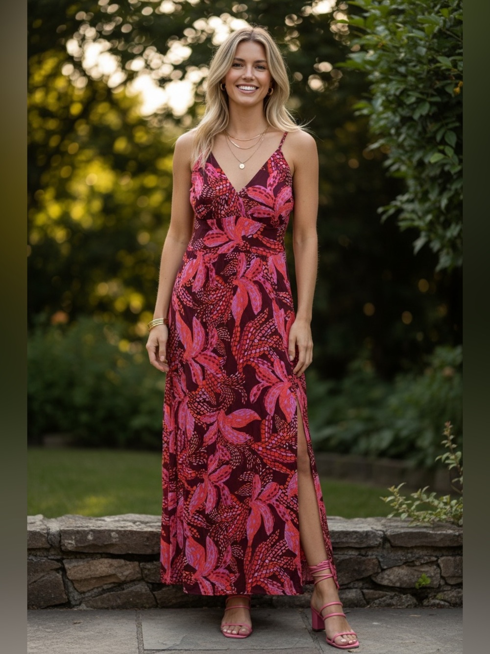 Jessica Simpson‎ Magenta & Burgundy Printed Spaghetti Strap Maxi Dress Size M